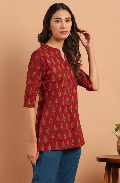 Red Cotton Ethnic Motifs Straight Tunic