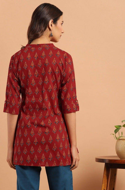 Red Cotton Ethnic Motifs Straight Tunic