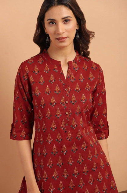 Red Cotton Ethnic Motifs Straight Tunic