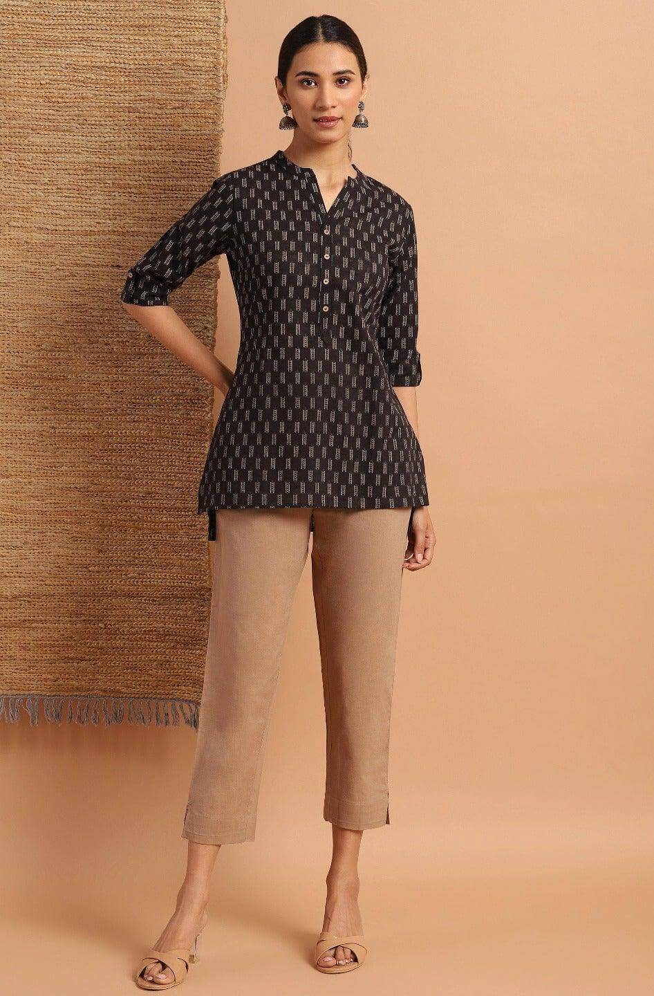 Black Cotton Slub Geometric Print Straight Tunic