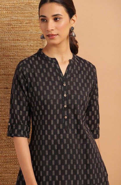 Black Cotton Slub Geometric Print Straight Tunic