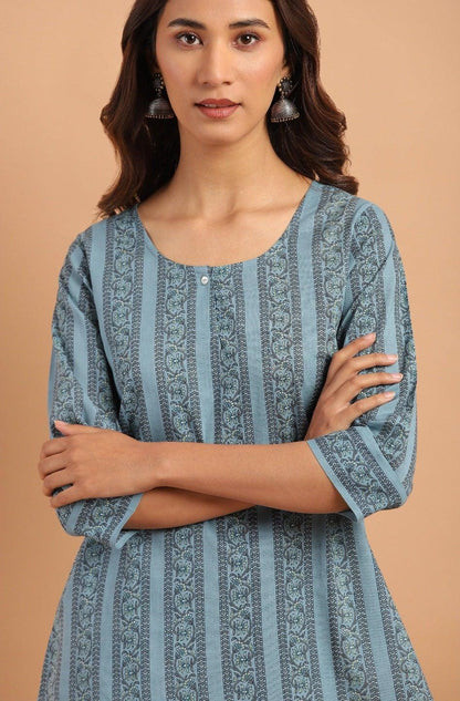 Blue Cotton Floral Print Straight Tunic