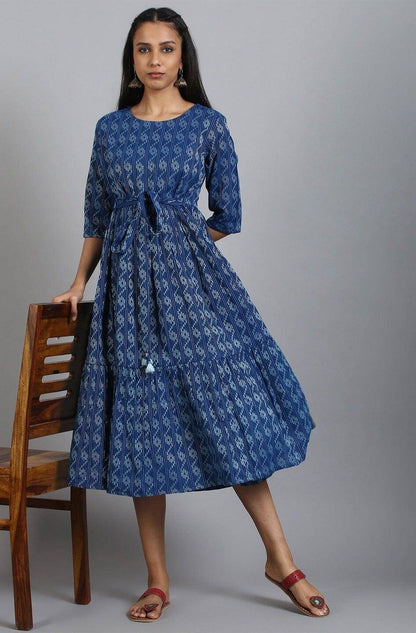 Silae Blue Cotton Woven Design Flared Western Dress