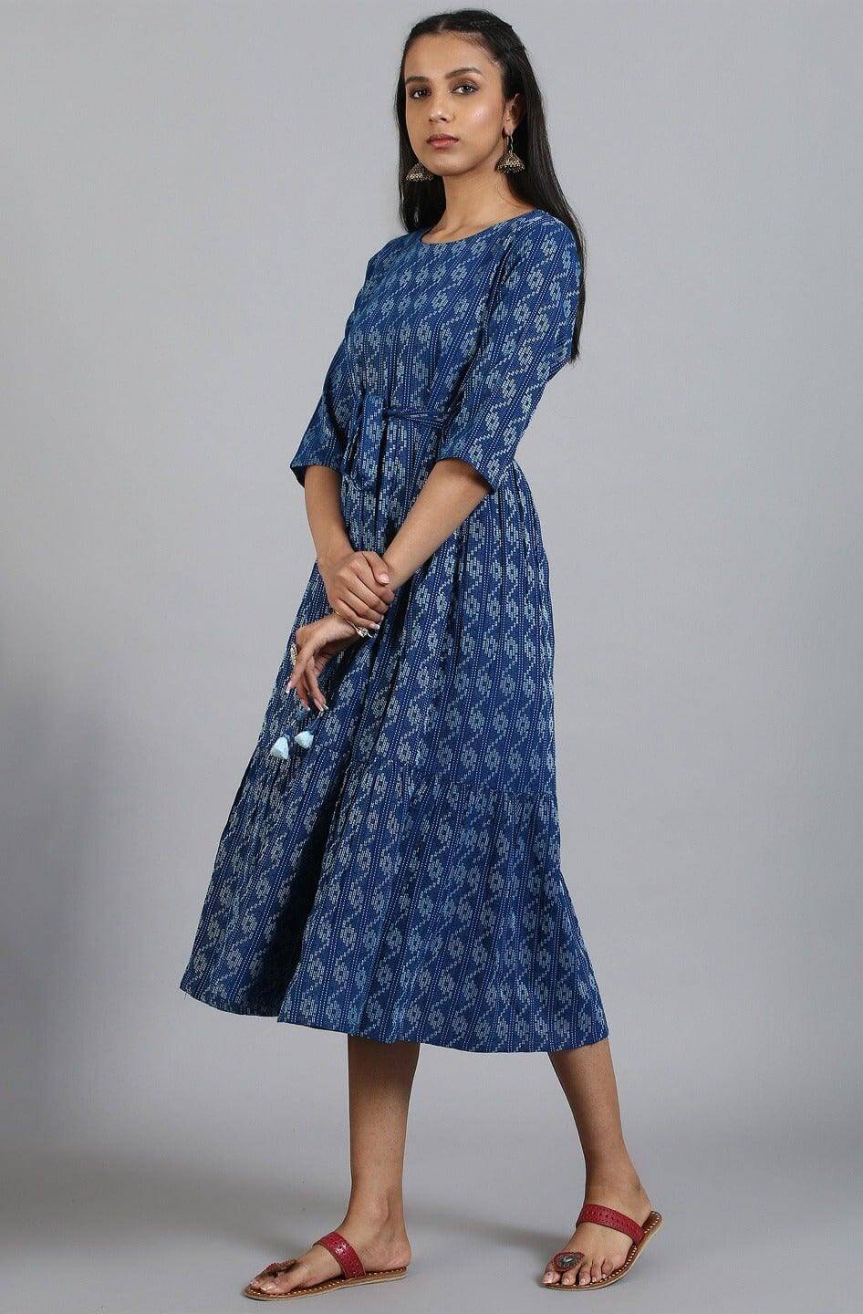 Silae Blue Cotton Woven Design Flared Western Dress