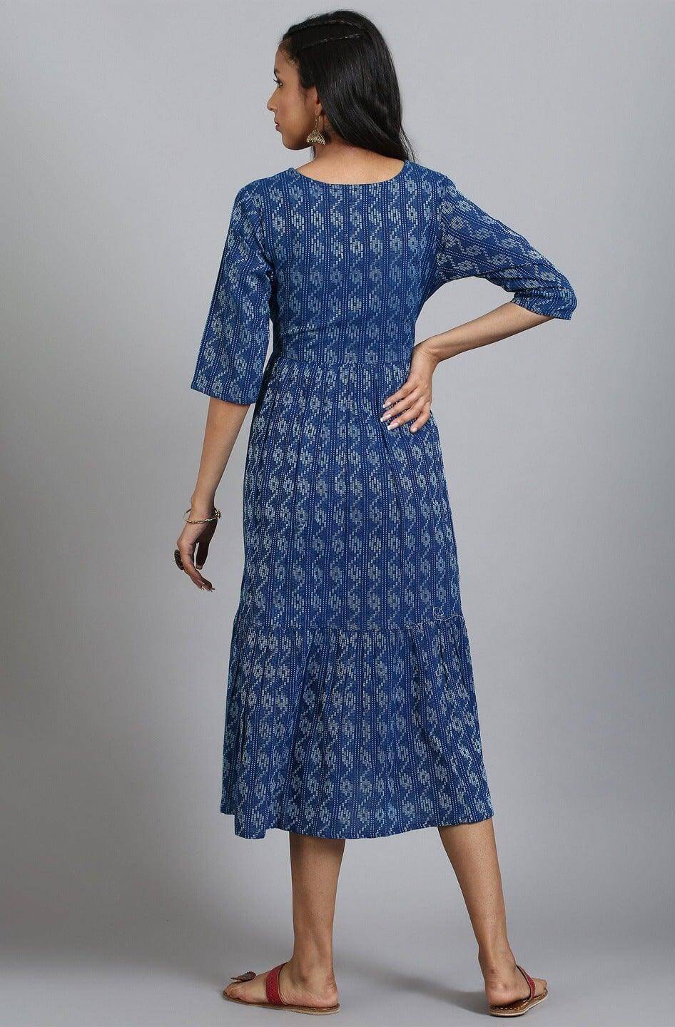 Silae Blue Cotton Woven Design Flared Western Dress