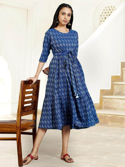 Silae Blue Cotton Woven Design Flared Western Dress