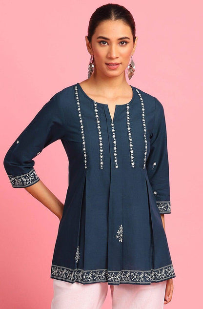 Navy Blue Cotton Embroidered Trapeze Tunic