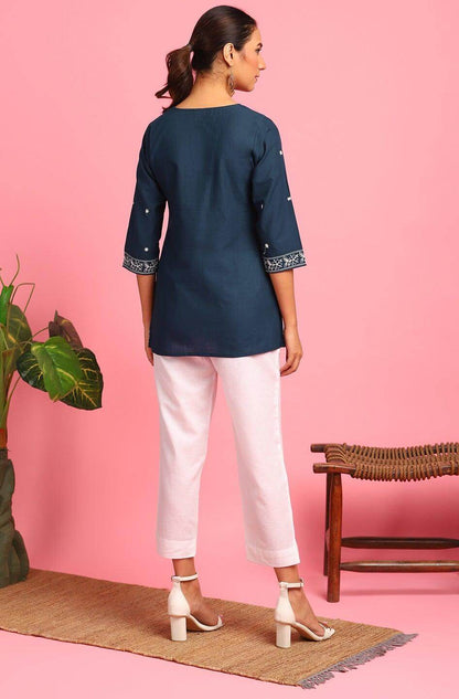 Navy Blue Cotton Embroidered Trapeze Tunic