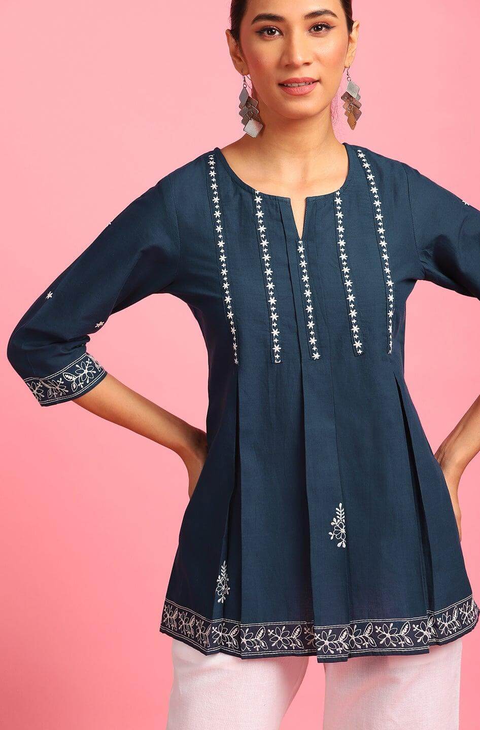 Navy Blue Cotton Embroidered Trapeze Tunic