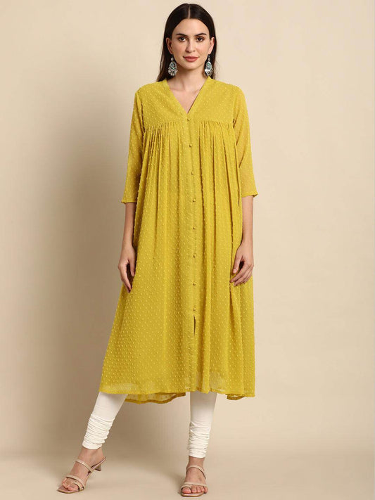 Silae Mustard Poly Chiffon Self Design Frontslit Kurta