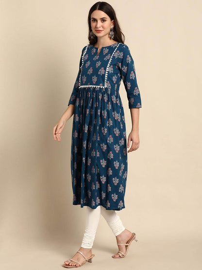 Teal Cotton Ethnic Motifs Flared Kurta