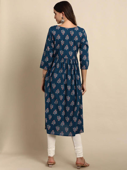 Teal Cotton Ethnic Motifs Flared Kurta