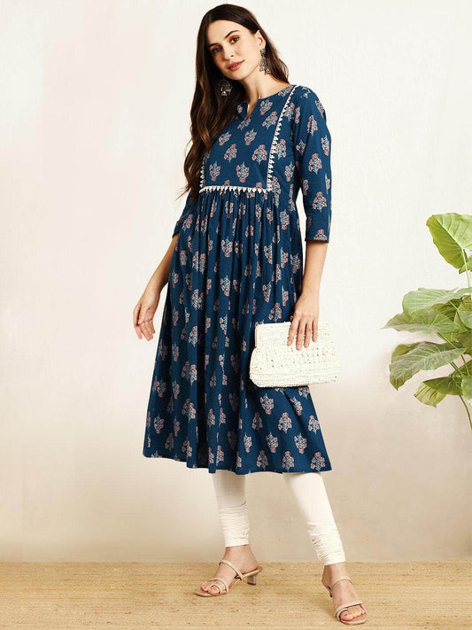 Teal Cotton Ethnic Motifs Flared Kurta