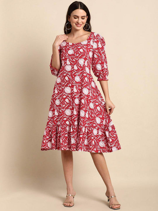 Silae Red Cotton Floral A-Line Western Dress