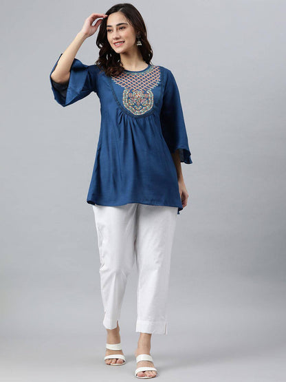 Blue Rayon Slub Embroidered Regular Tunic