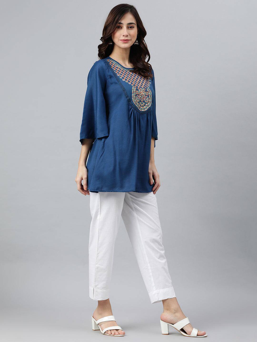 Blue Rayon Slub Embroidered Regular Tunic