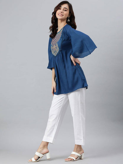 Blue Rayon Slub Embroidered Regular Tunic