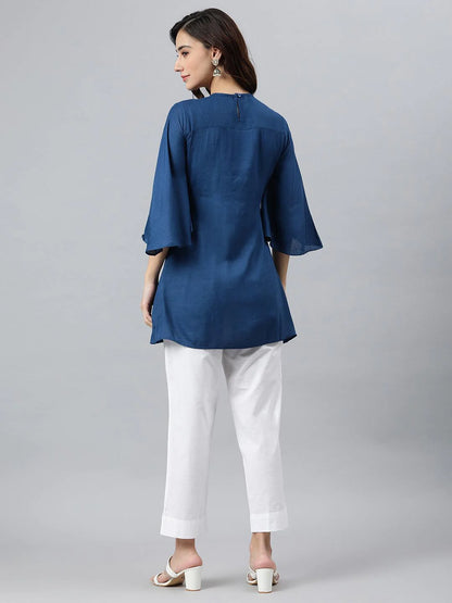 Blue Rayon Slub Embroidered Regular Tunic