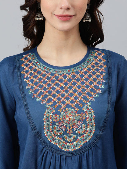 Blue Rayon Slub Embroidered Regular Tunic