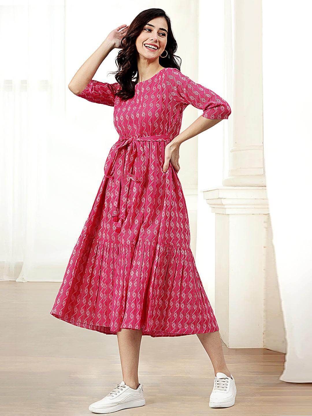 Silae Pink Cotton Woven Design Tiered Western Dress