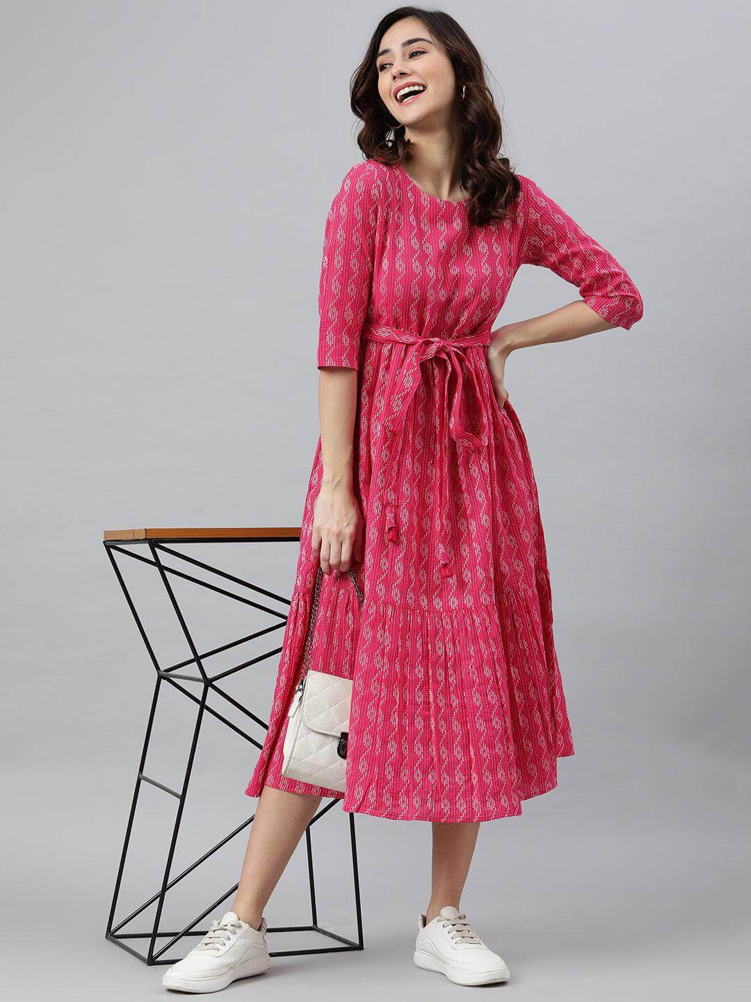 Silae Pink Cotton Woven Design Tiered Western Dress