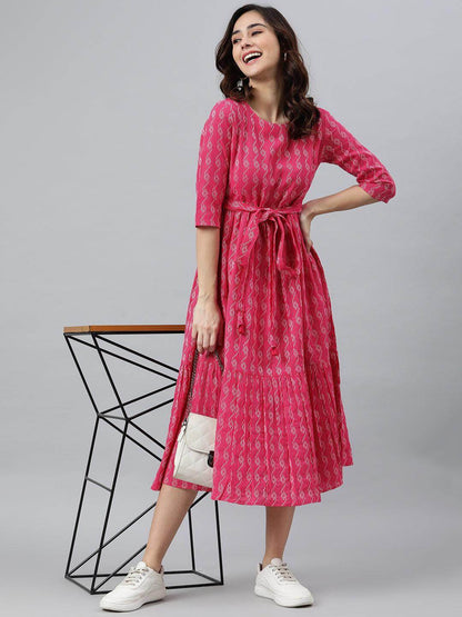 Silae Pink Cotton Woven Design Tiered Western Dress