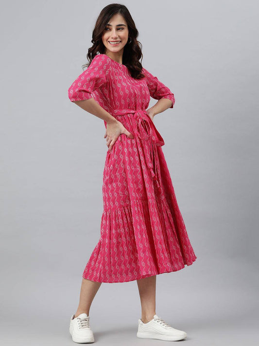 Silae Pink Cotton Woven Design Tiered Western Dress