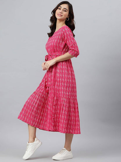 Silae Pink Cotton Woven Design Tiered Western Dress