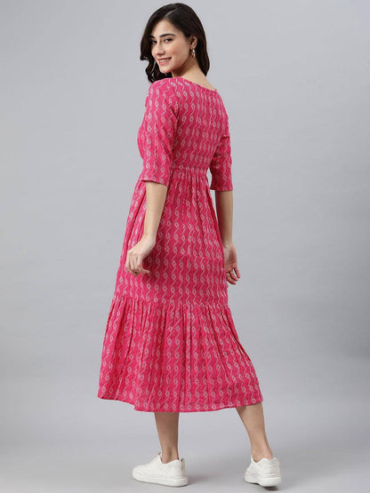 Silae Pink Cotton Woven Design Tiered Western Dress