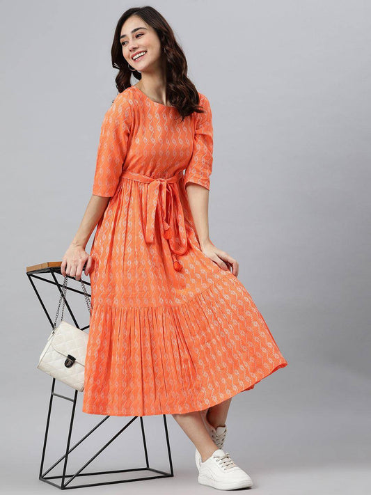 Silae Orange Cotton Woven Design Tiered Western Dress