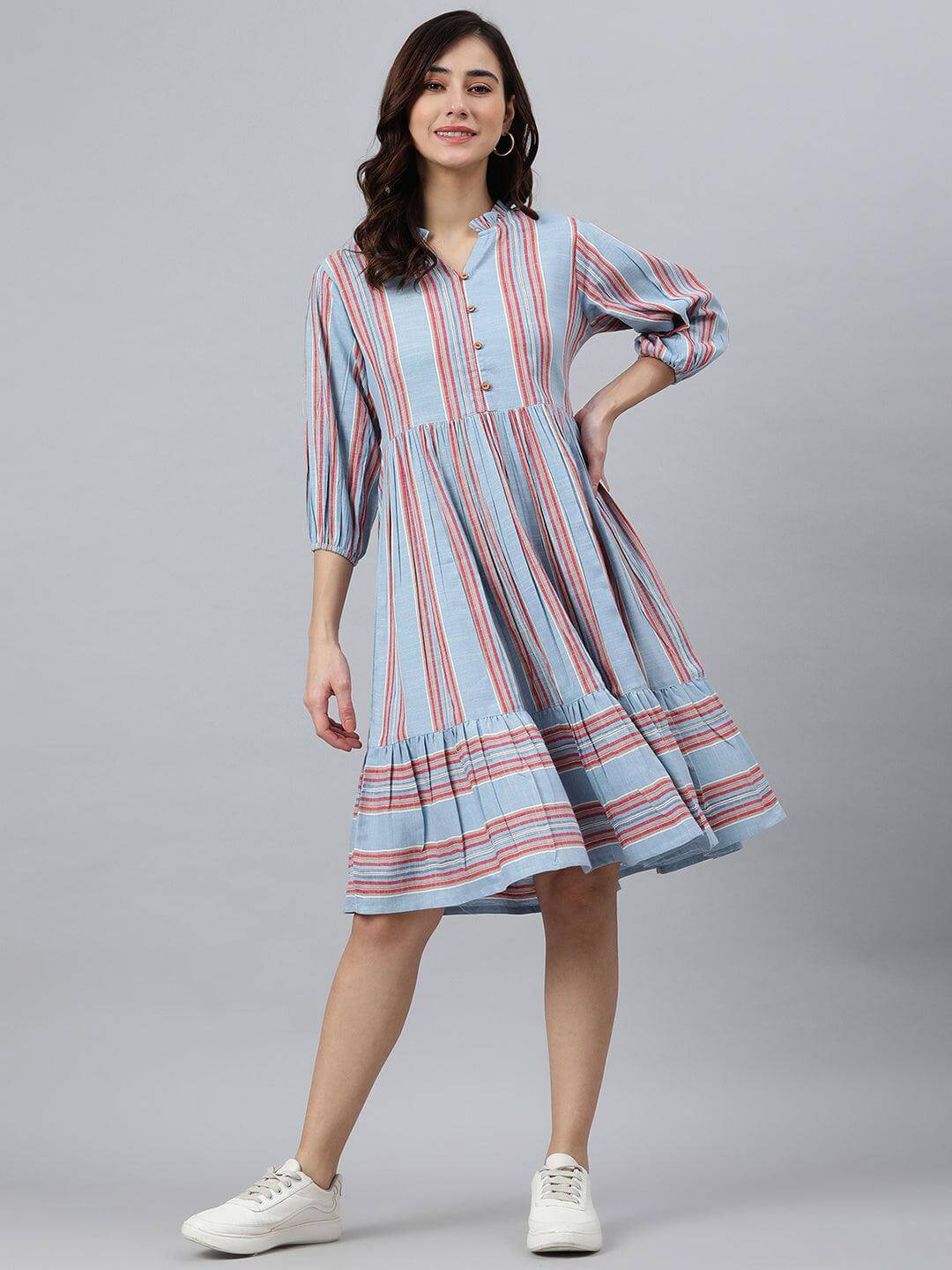 Silae Sky Blue Cotton Blend Striped Flared Western Dress