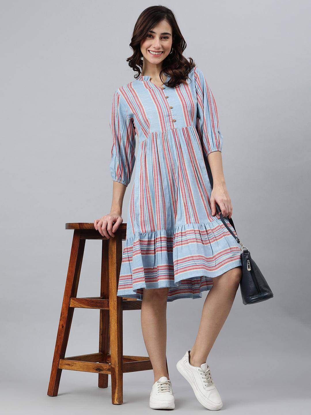 Silae Sky Blue Cotton Blend Striped Flared Western Dress