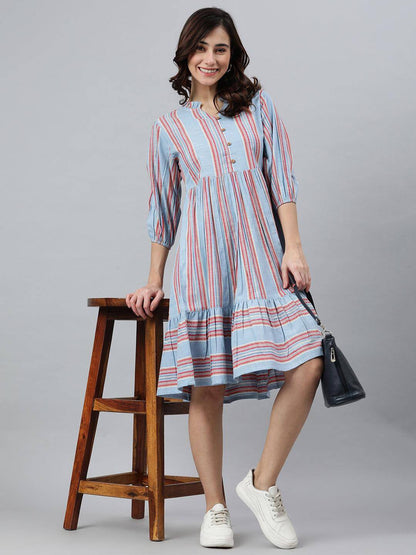 Silae Sky Blue Cotton Blend Striped Flared Western Dress