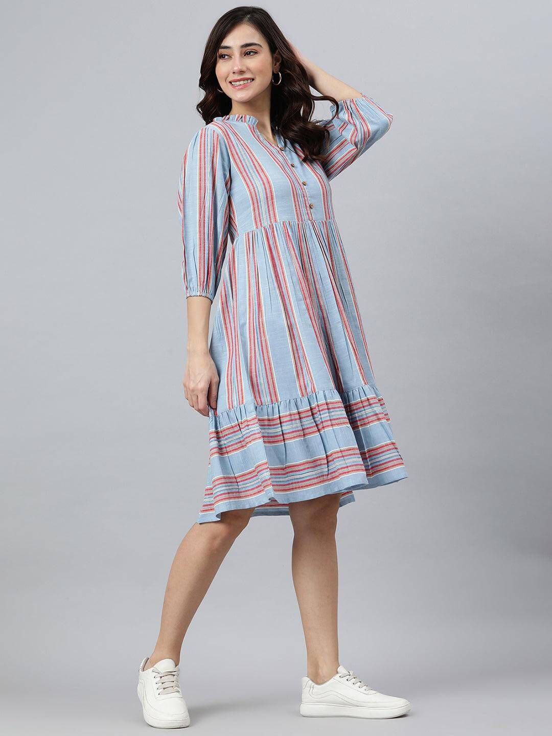 Silae Sky Blue Cotton Blend Striped Flared Western Dress