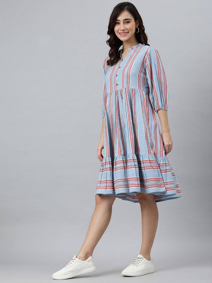 Silae Sky Blue Cotton Blend Striped Flared Western Dress