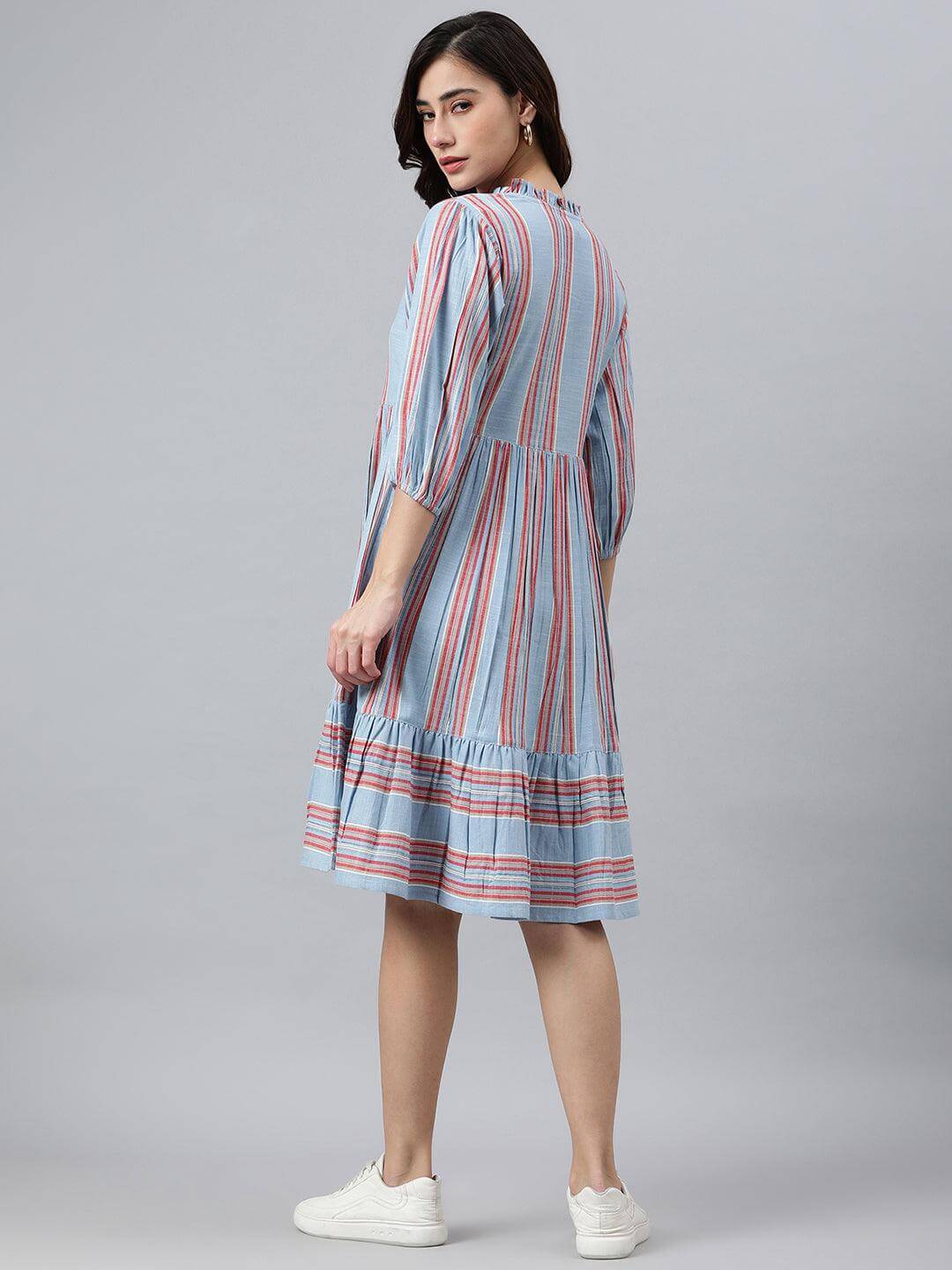 Silae Sky Blue Cotton Blend Striped Flared Western Dress