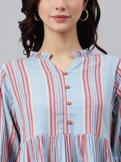 Silae Sky Blue Cotton Blend Striped Flared Western Dress