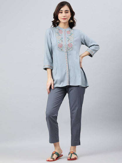 Blue Rayon Slub Embroidered A-Line Top