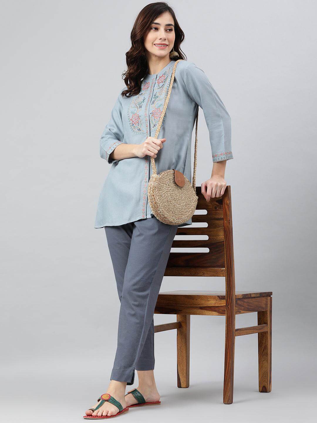 Blue Rayon Slub Embroidered A-Line Top