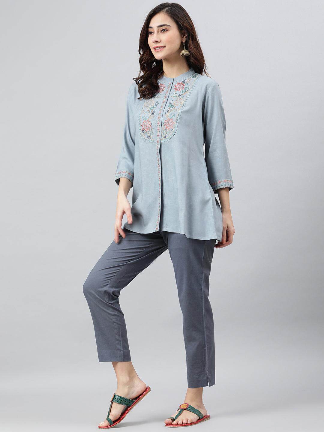 Blue Rayon Slub Embroidered A-Line Top