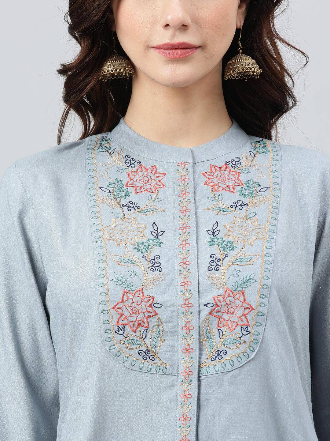 Blue Rayon Slub Embroidered A-Line Top