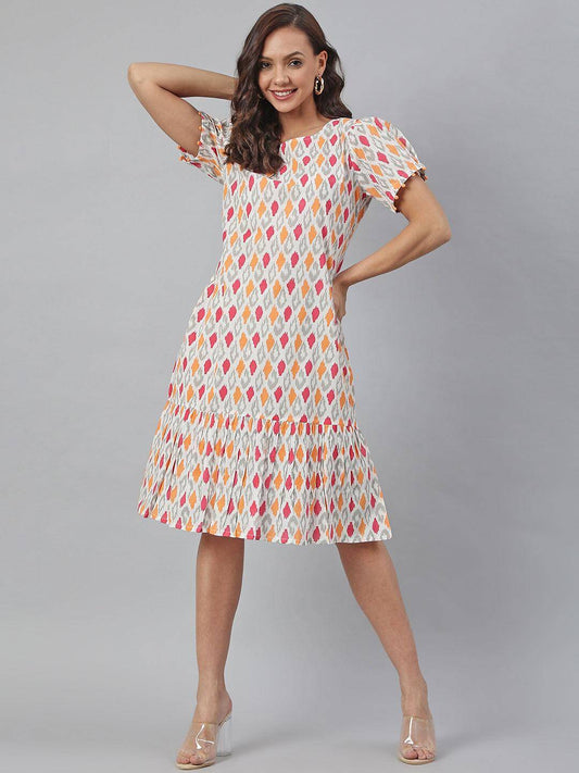 Silae Off White Cotton Printed A-Line Western Dress