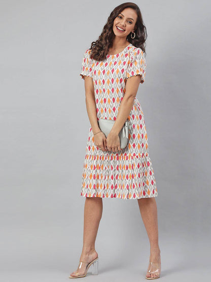 Silae Off White Cotton Printed A-Line Western Dress