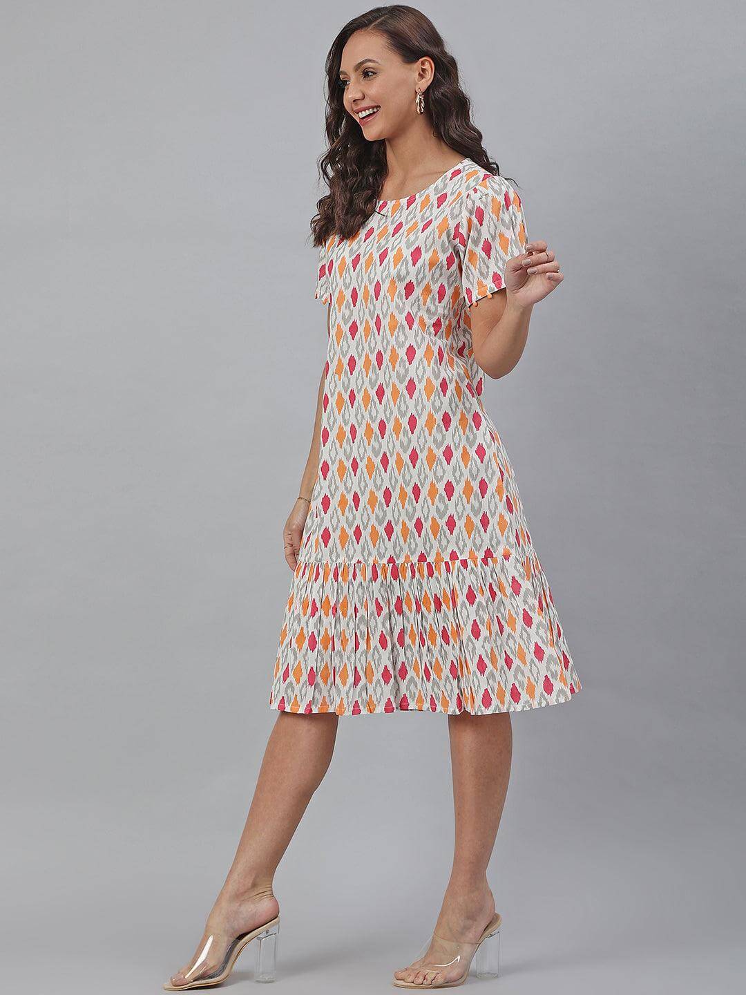 Silae Off White Cotton Printed A-Line Western Dress