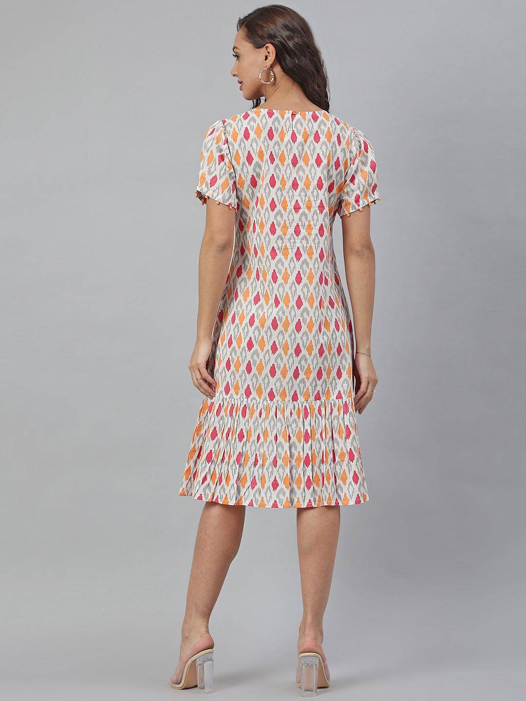 Silae Off White Cotton Printed A-Line Western Dress