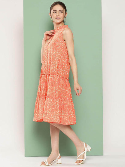 Silae Peach Cotton Floral Printed Flared Western Dress