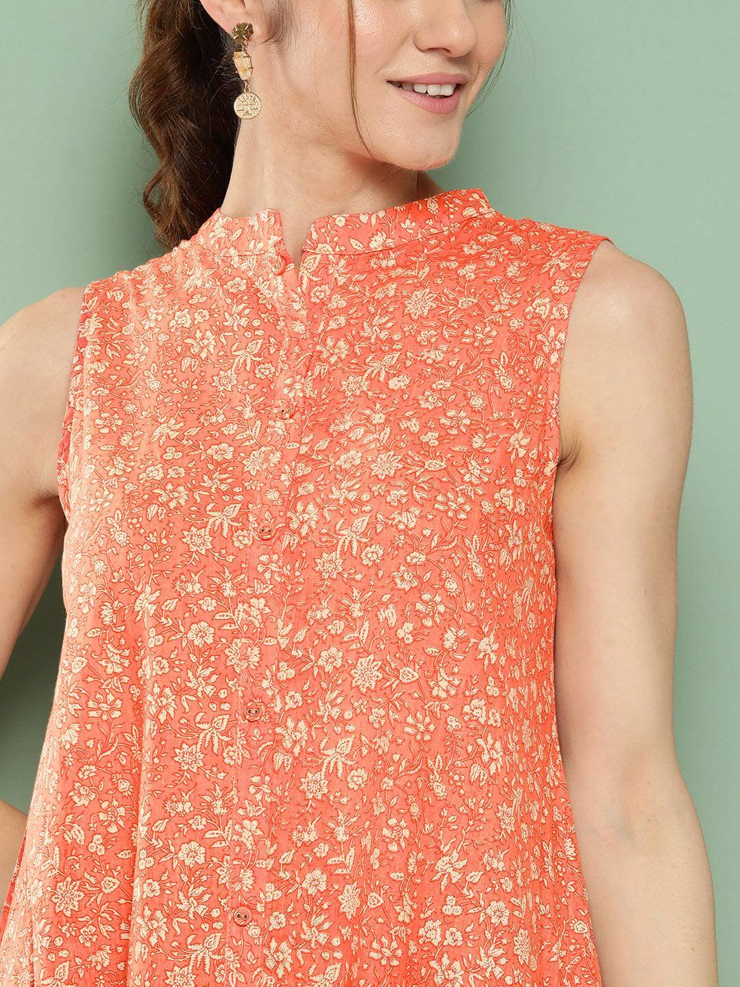 Silae Peach Cotton Floral Printed Flared Western Dress