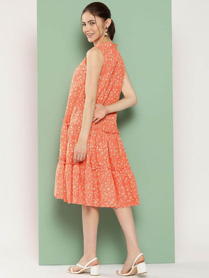 Silae Peach Cotton Floral Printed Flared Western Dress