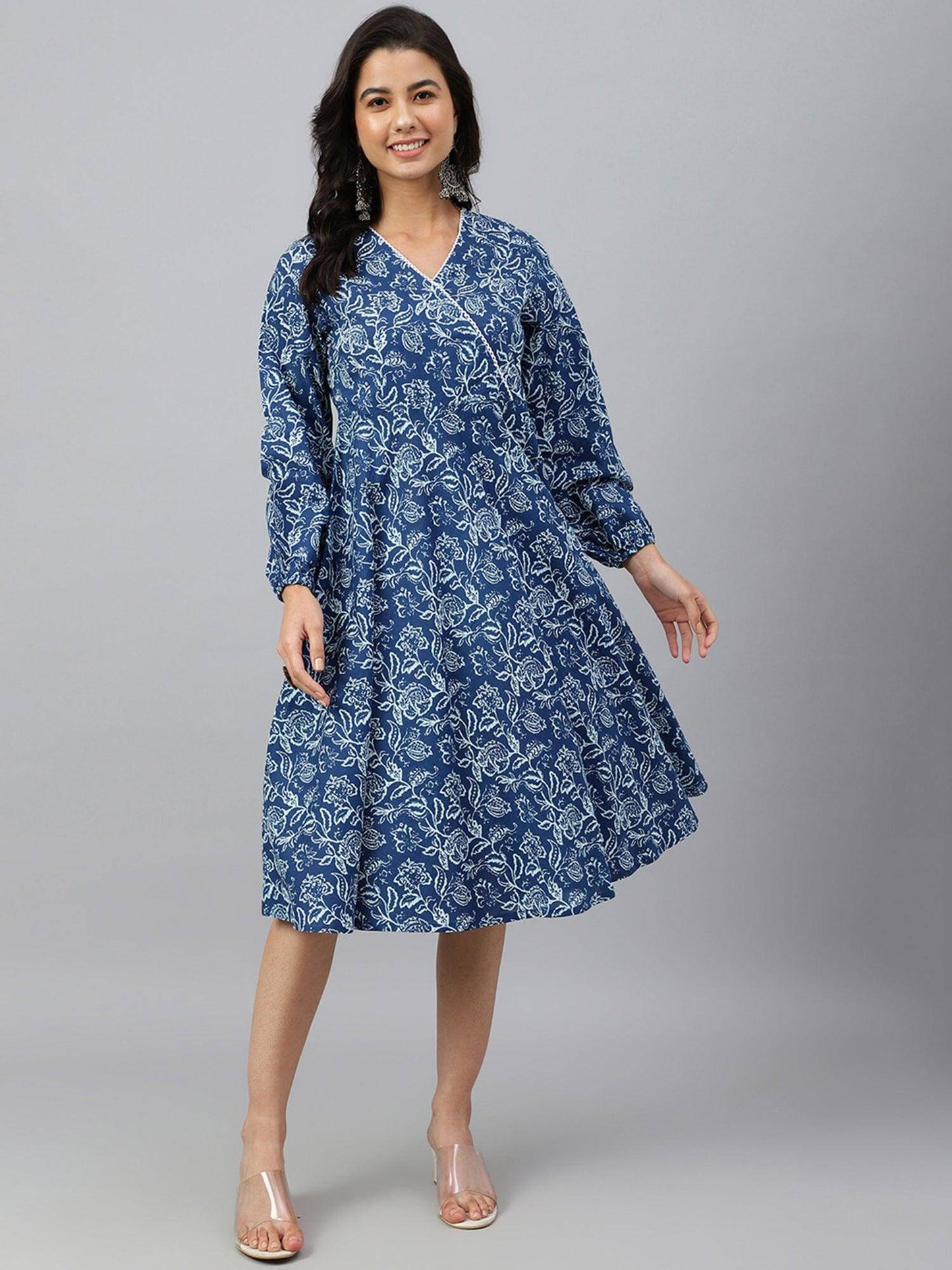 Navy Blue Cotton Floral Print Angrakha Western Dress