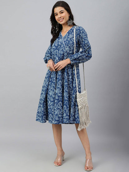 Navy Blue Cotton Floral Print Angrakha Western Dress